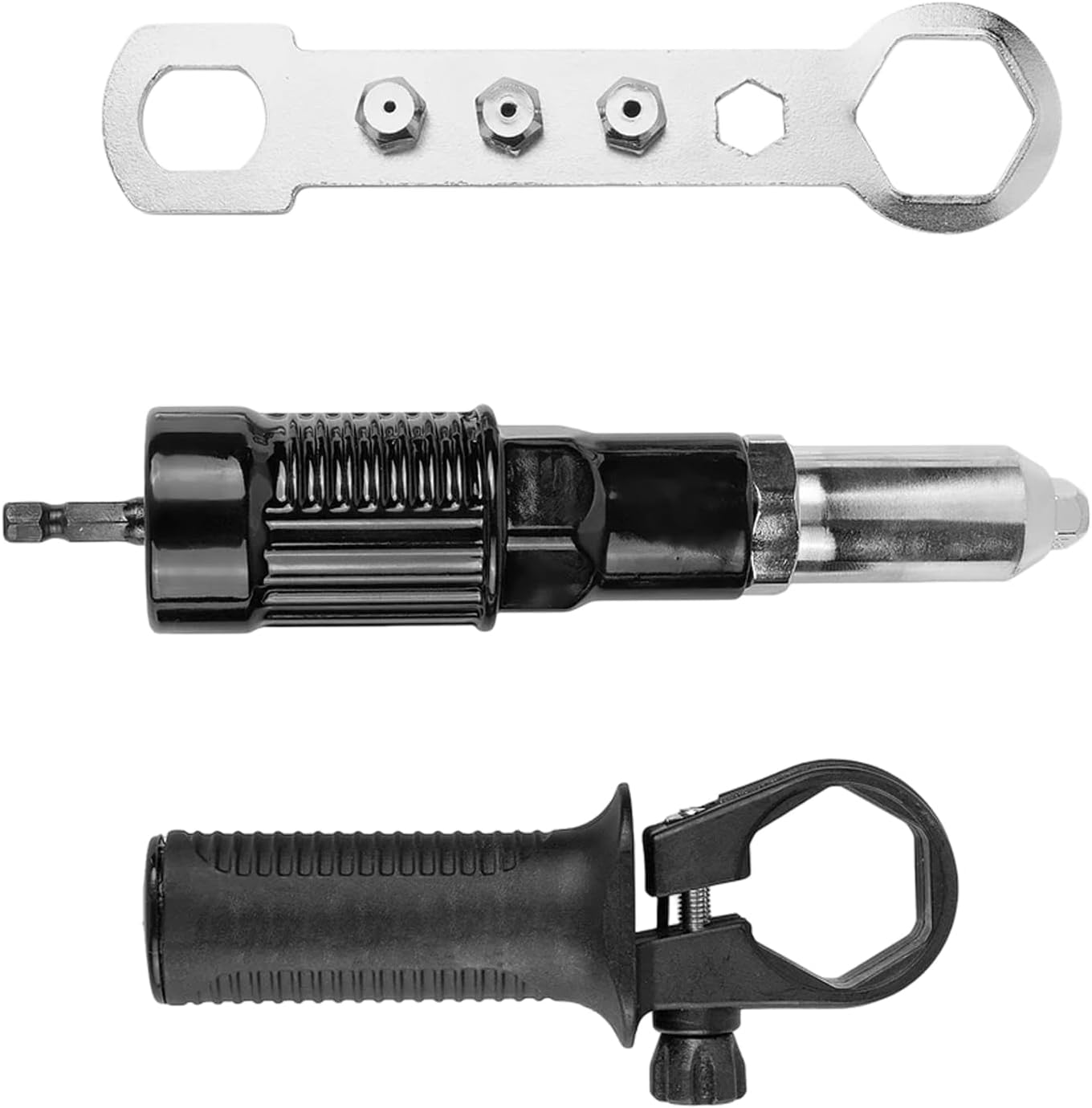 Pistola remache eléctrica con mango antiderrap y 4 cabezales