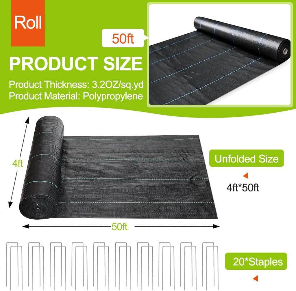 Tela barrera malezas 3.2oz geotextil negro 4x50pies 20clavijas