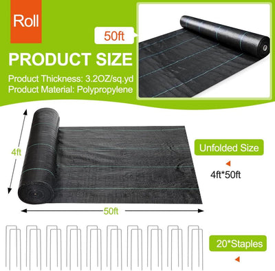 Tela barrera malezas 3.2oz geotextil negro 4x50pies 20clavijas