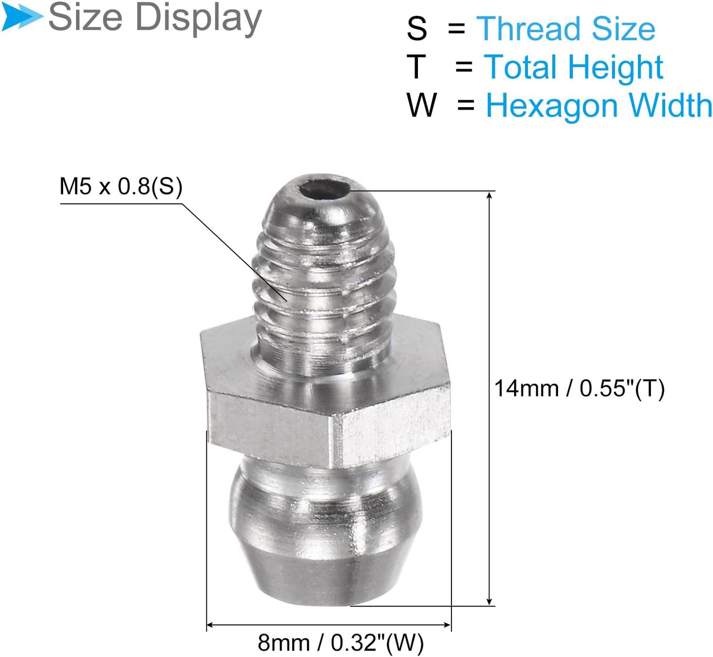 Engrase recto acero inox M5x0.315pulg hidráulico 2 pzas