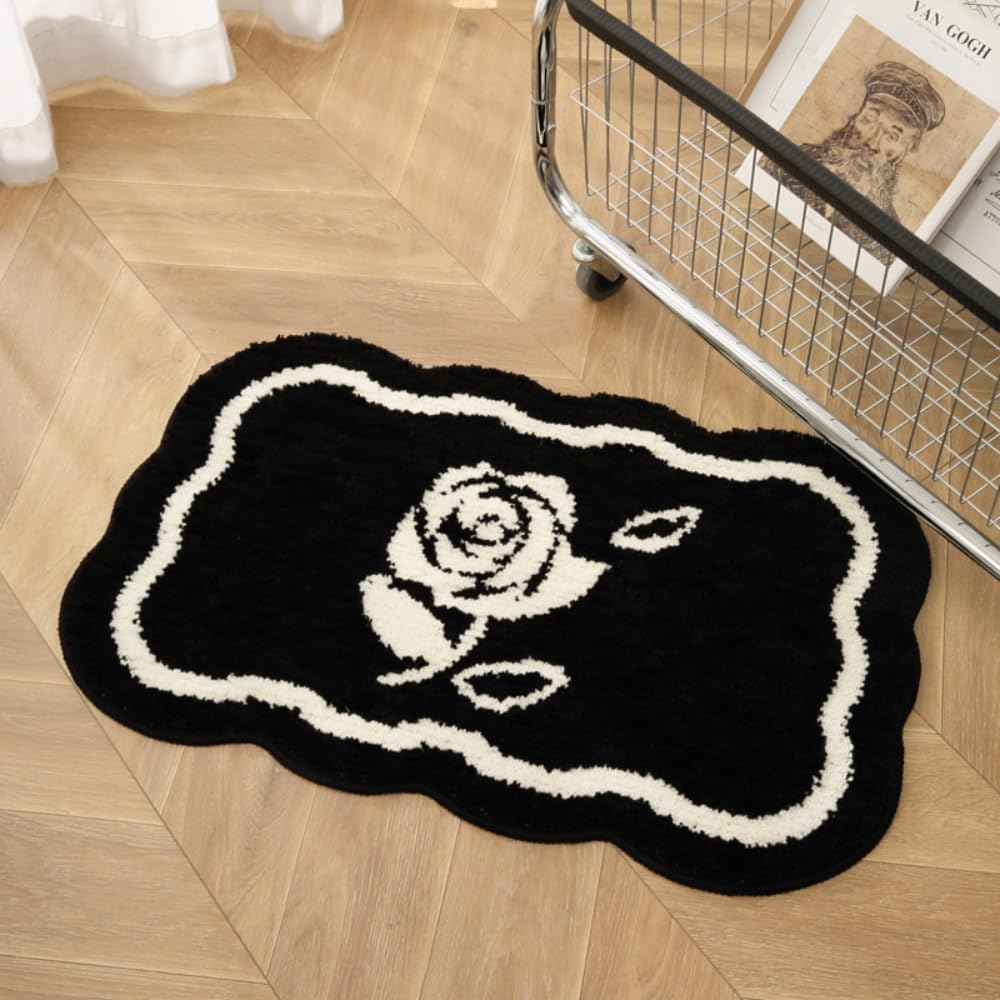 Alfombra baño patrón rosas blancas y negras antideslizante