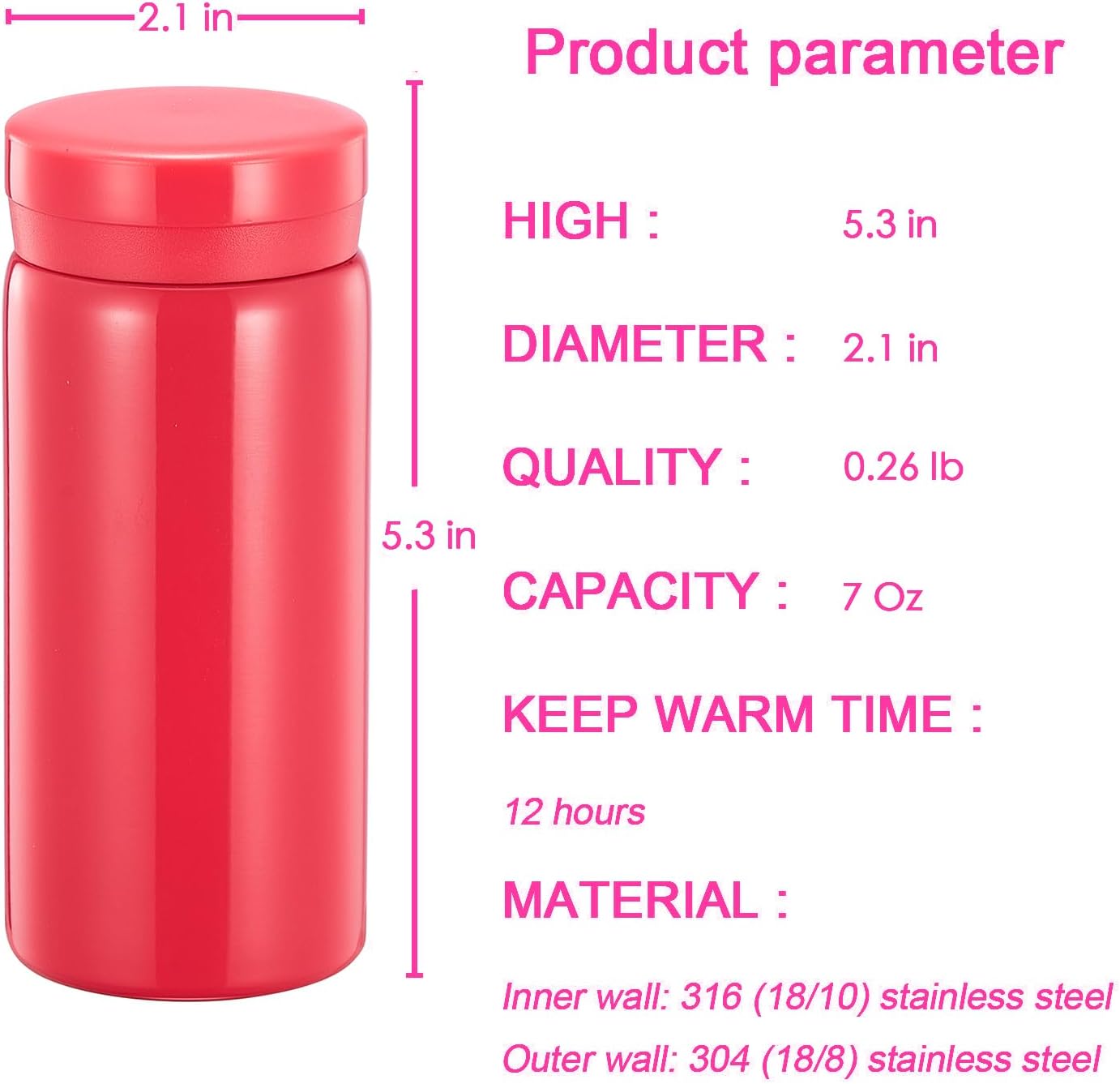 Botella agua acero inox 7oz aislada sin fugas color