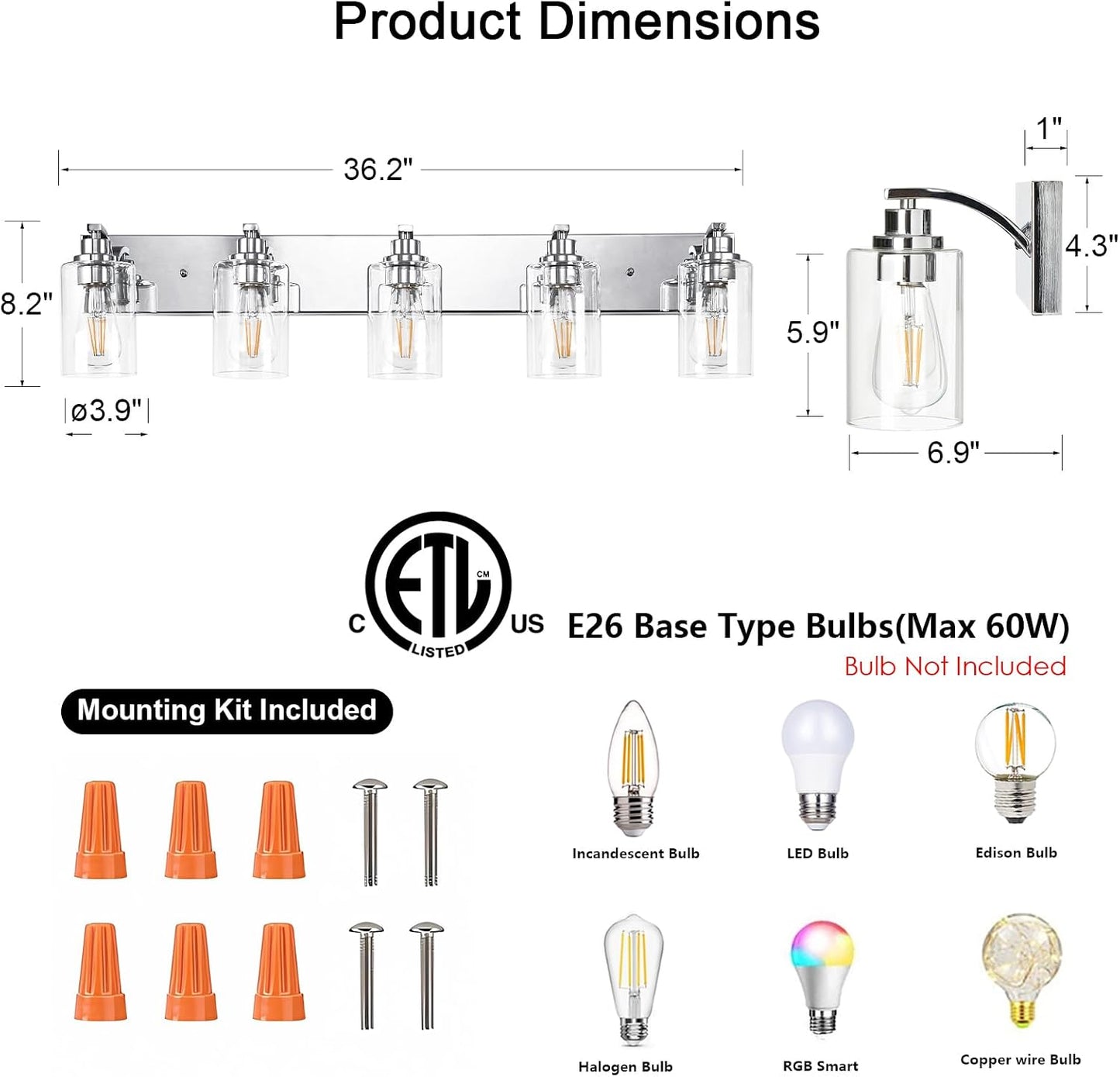 Lámpara baño 5 luces cromada para tocador con pantalla
