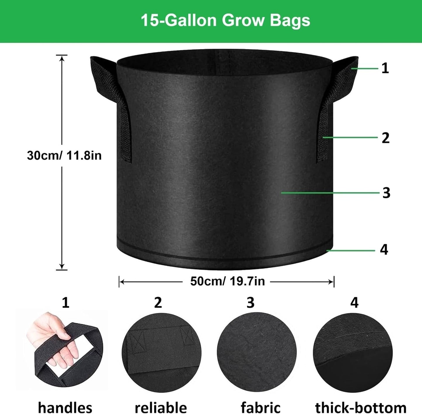 10 Pzas Bolsas Cultivo 15gal Tela Aireación Asa Negro