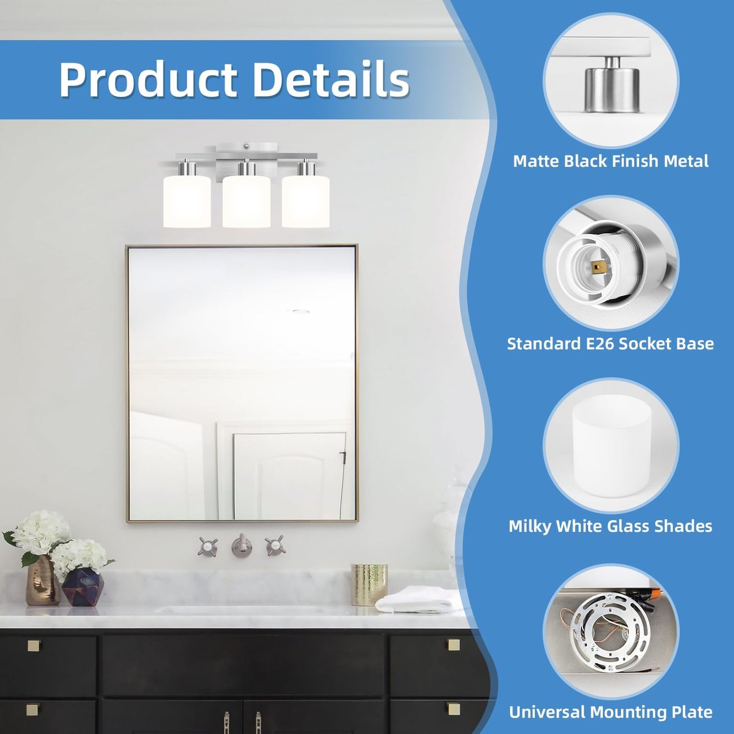Lámpara baño níquel cepillado 3 luces E26 vidrio blanco