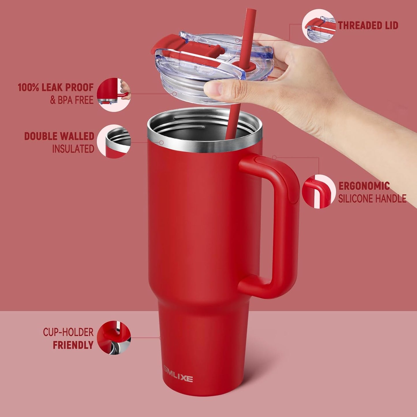 Vaso acero inox 40oz con asa tapa popote taza viaje rojo