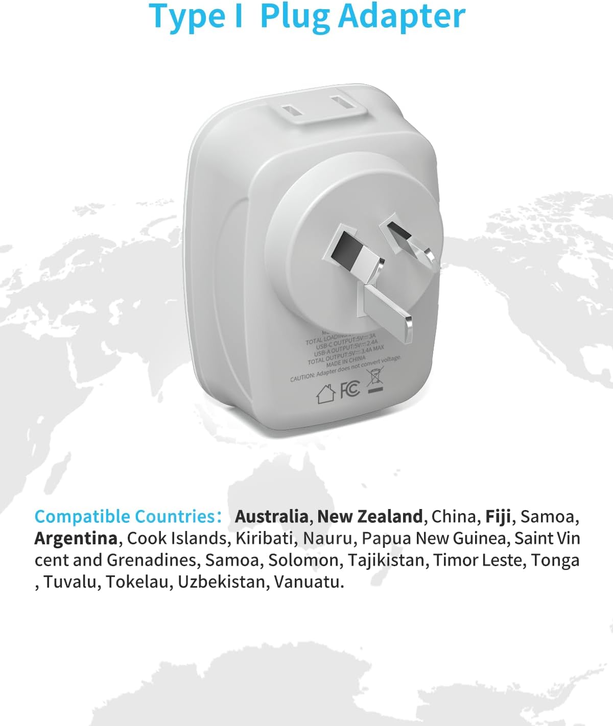 Adaptador viaje tipo I 6 en 1 con USB C y enchufes EE.UU.
