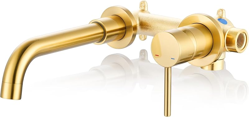 Grifo baño pared dorado cepillado una manija caño giratorio
