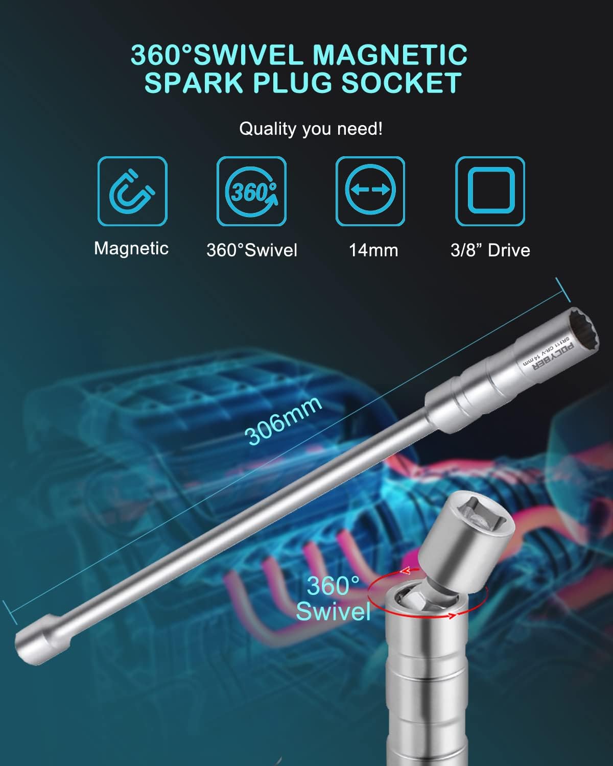 Llave bujía 14mm 12pulg 3/8 pulg magnética 12 puntas