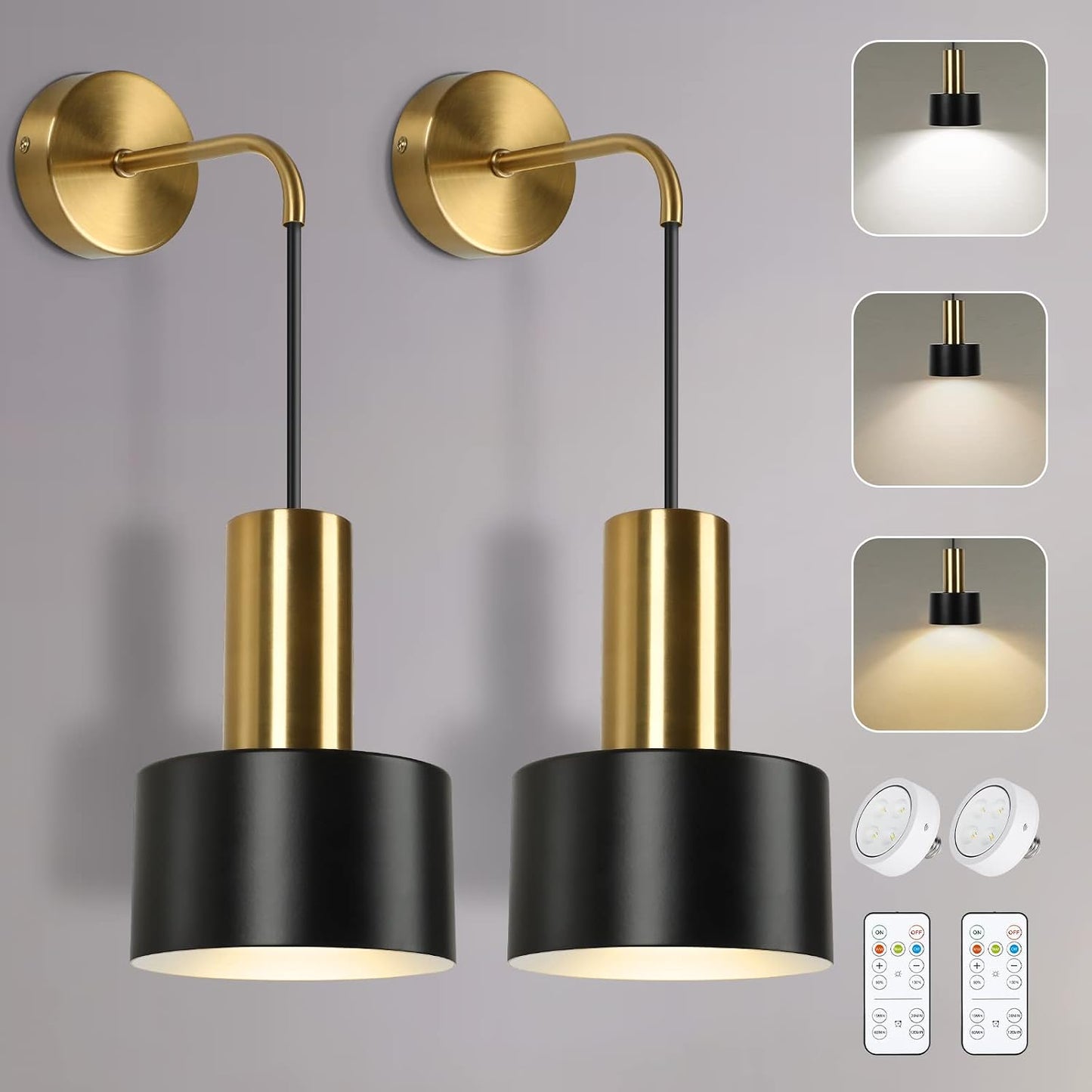 2 Apliques Pared Inalámbricos LED Negro Dorado