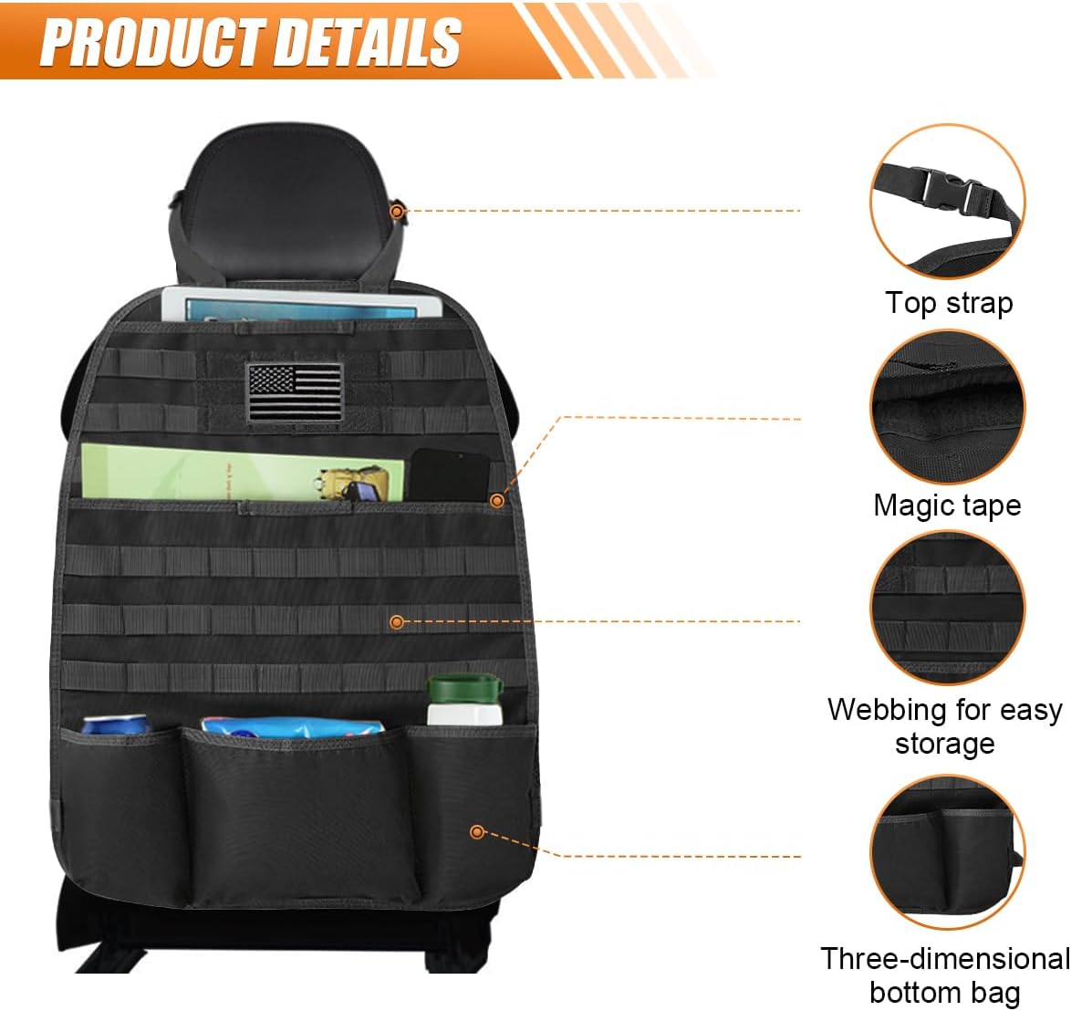 Organiz. respaldo coche con 5 bolsas almacenamiento