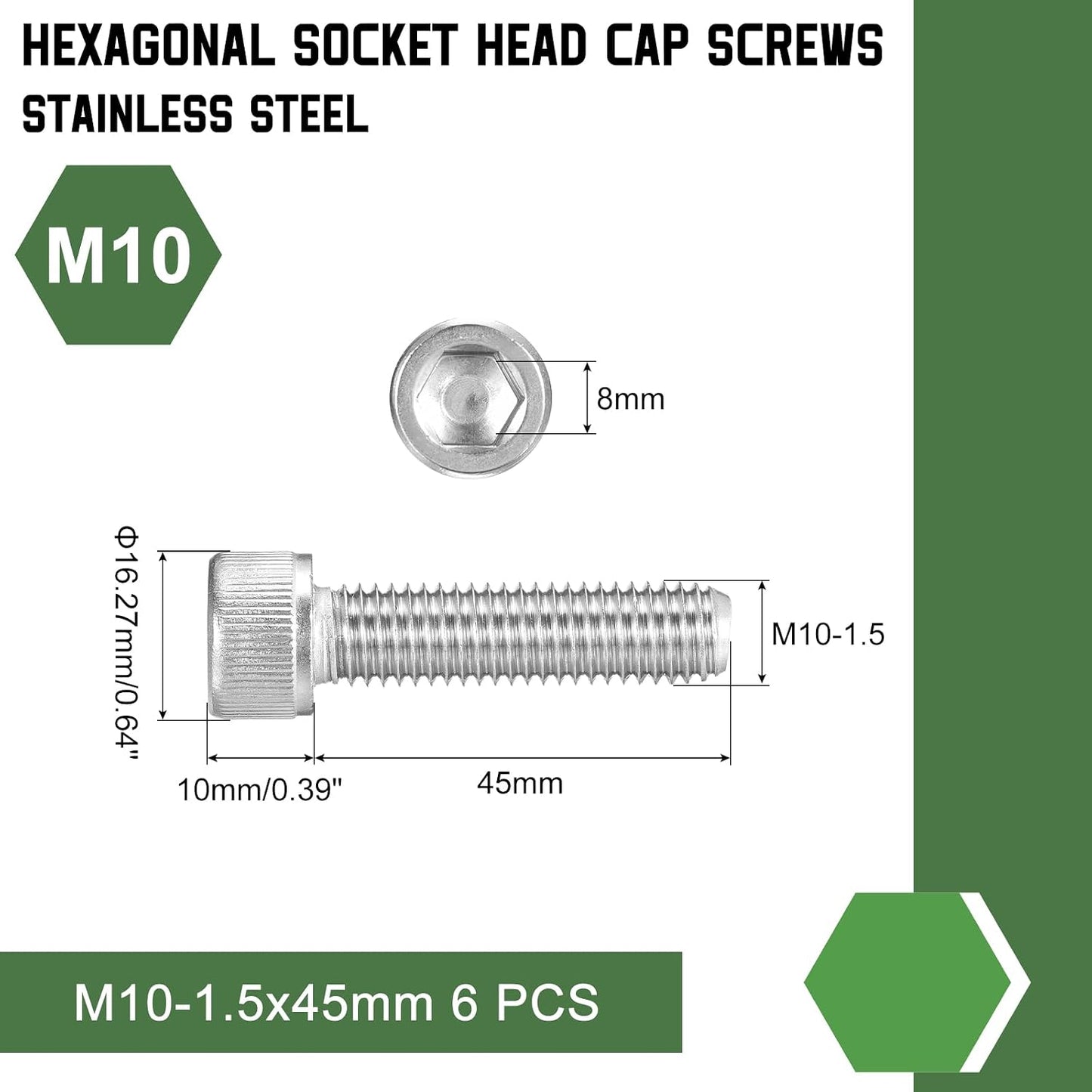 Tornillos hex M10-1.5x45 acero inox 304 plateado 6 uds