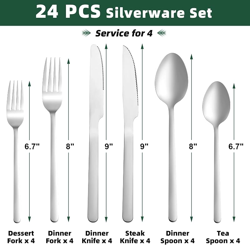 Set 24 Pzas Cubiertos Acero Inox para 4 con Cuchillos Carne