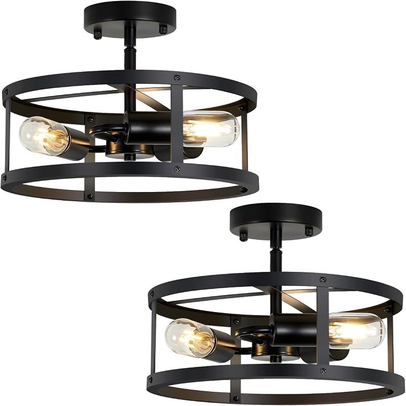 Lámpara techo 3 luces jaula metal negro industrial pack 2