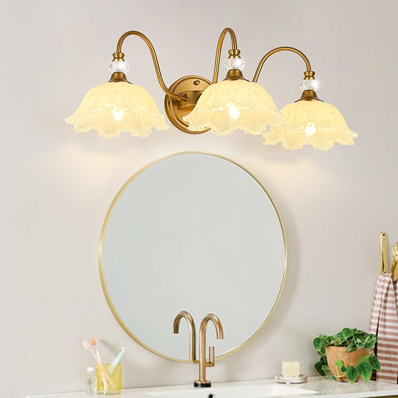 Lámpara tocador vintage 3 luces latón mate vidrio amarillo