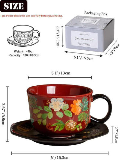 Juego taza y platillo de café floral rojo cerámica 9.5 oz