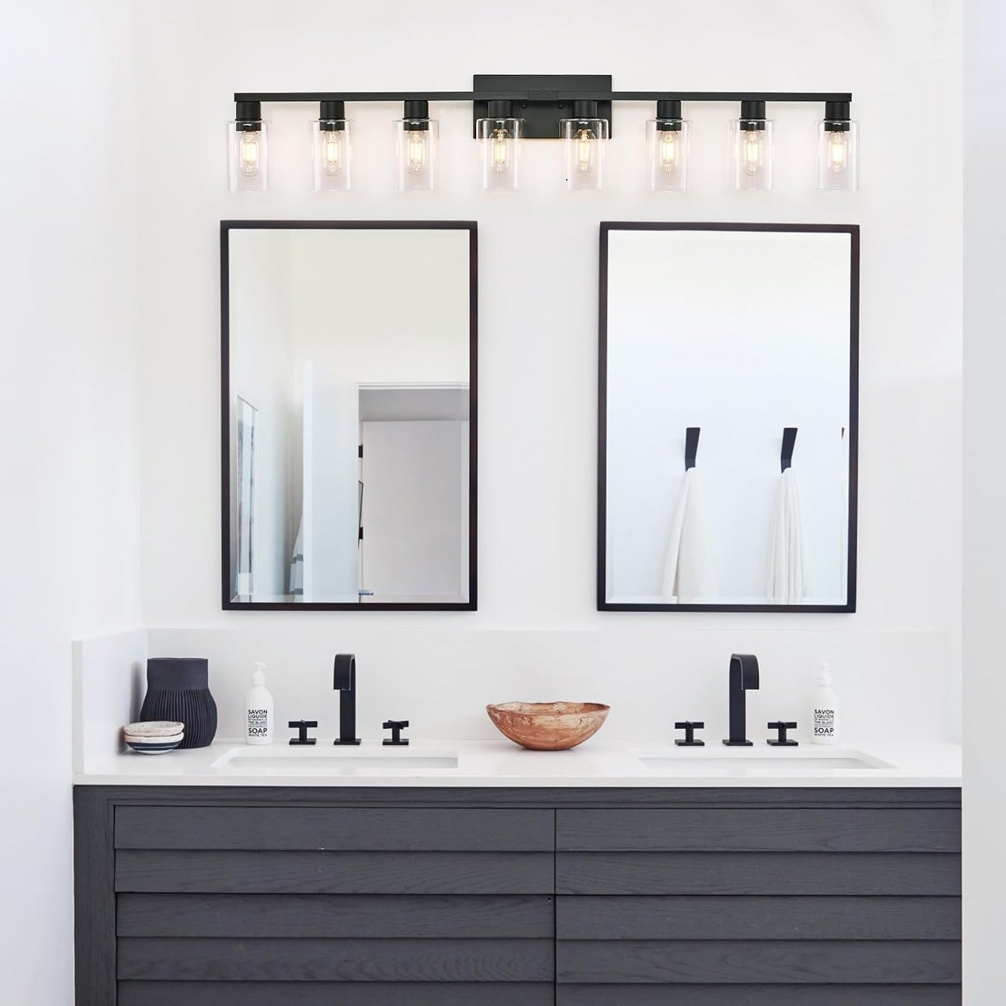 Lámpara tocador baño 8 luces negro mate vidrio transparente
