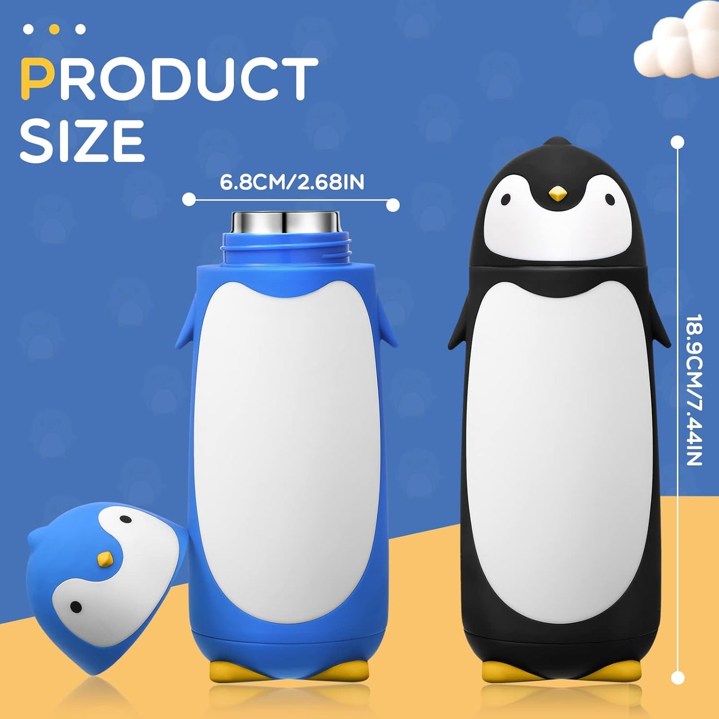 2 Botellas Agua Acero Inox Dibujos Pingüino Taza Viaje Aislada