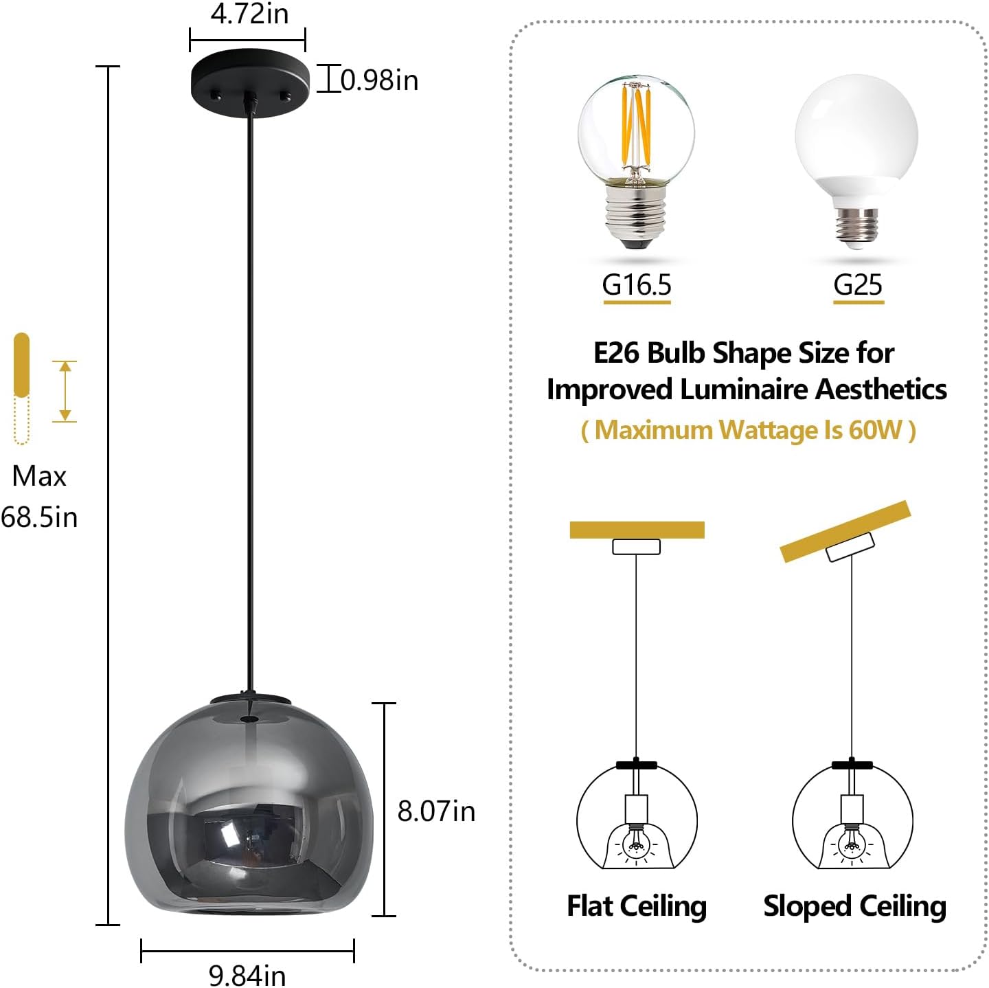 Lámpara colgante cristal gris con espejo 1 luz para isla