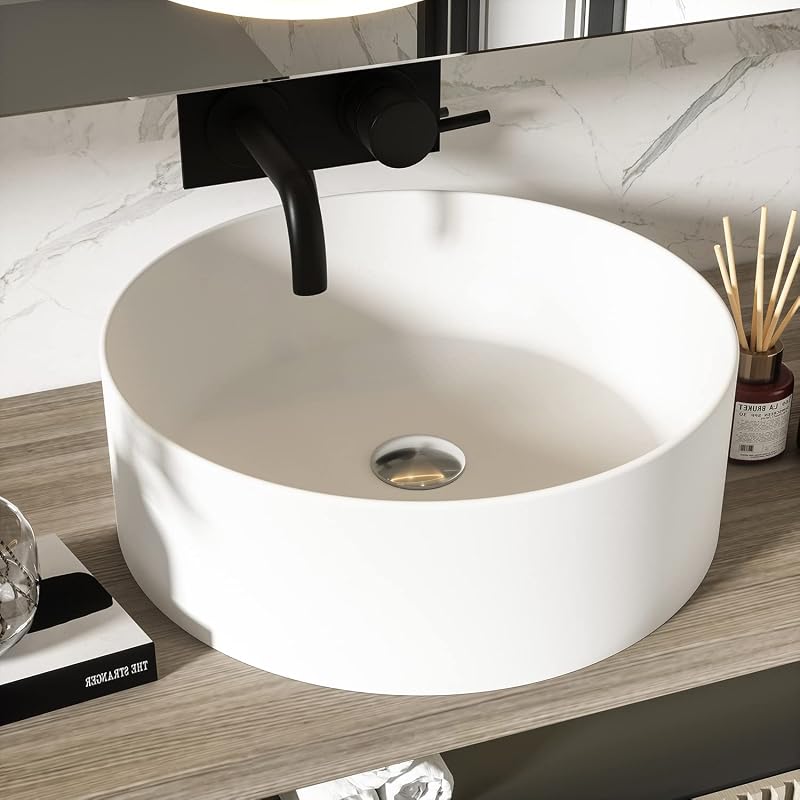 Lavabo redondo sobre encimera piedra mate 15.74"
