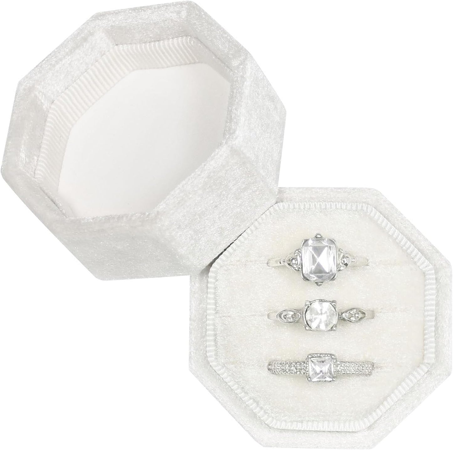 Caja terciopelo anillos 3 ranuras octágono marfil