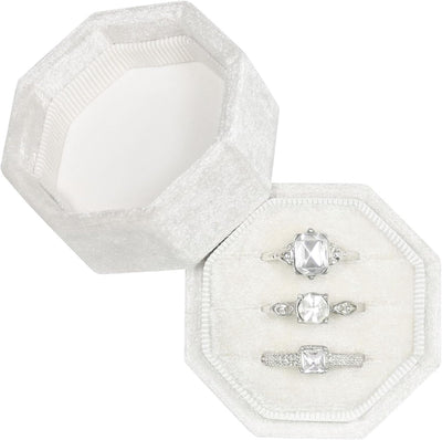Caja terciopelo anillos 3 ranuras octágono marfil