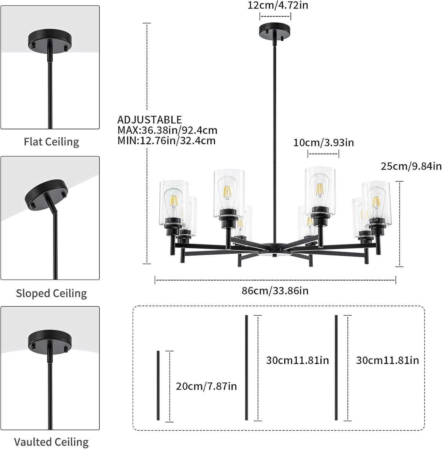 Candelabro negro mate 8 luces para comedor y cocina