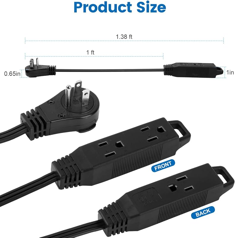 Cable extensión plano giratorio 360° 1 pie 3 salidas 16 AWG negro