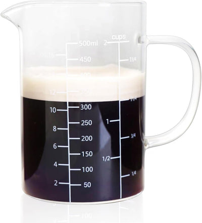 Vaso medidor vidrio borosilicato 16.9oz con asa tres escalas