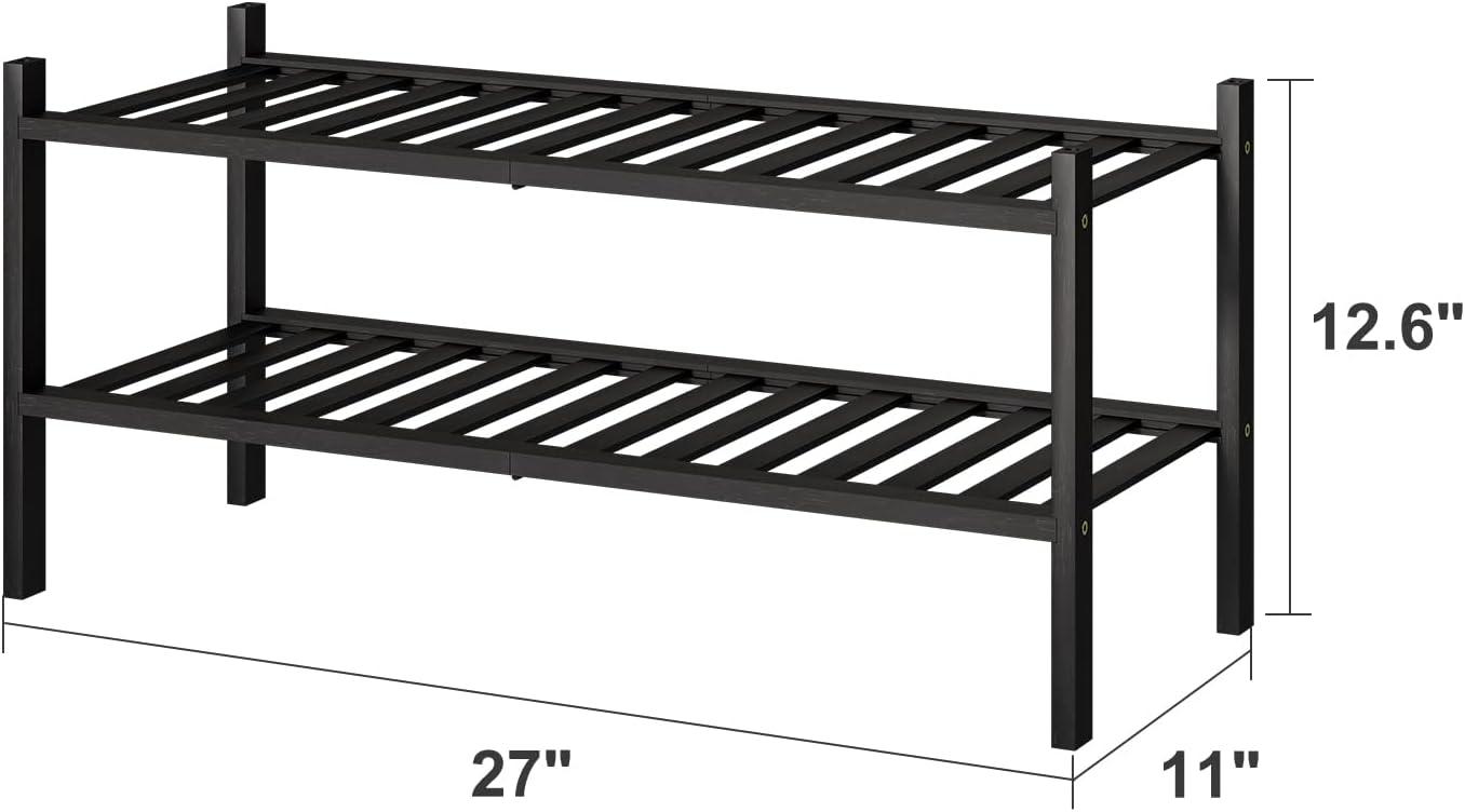 Zapatero bambú negro 2 niveles apilable plegable para entrada