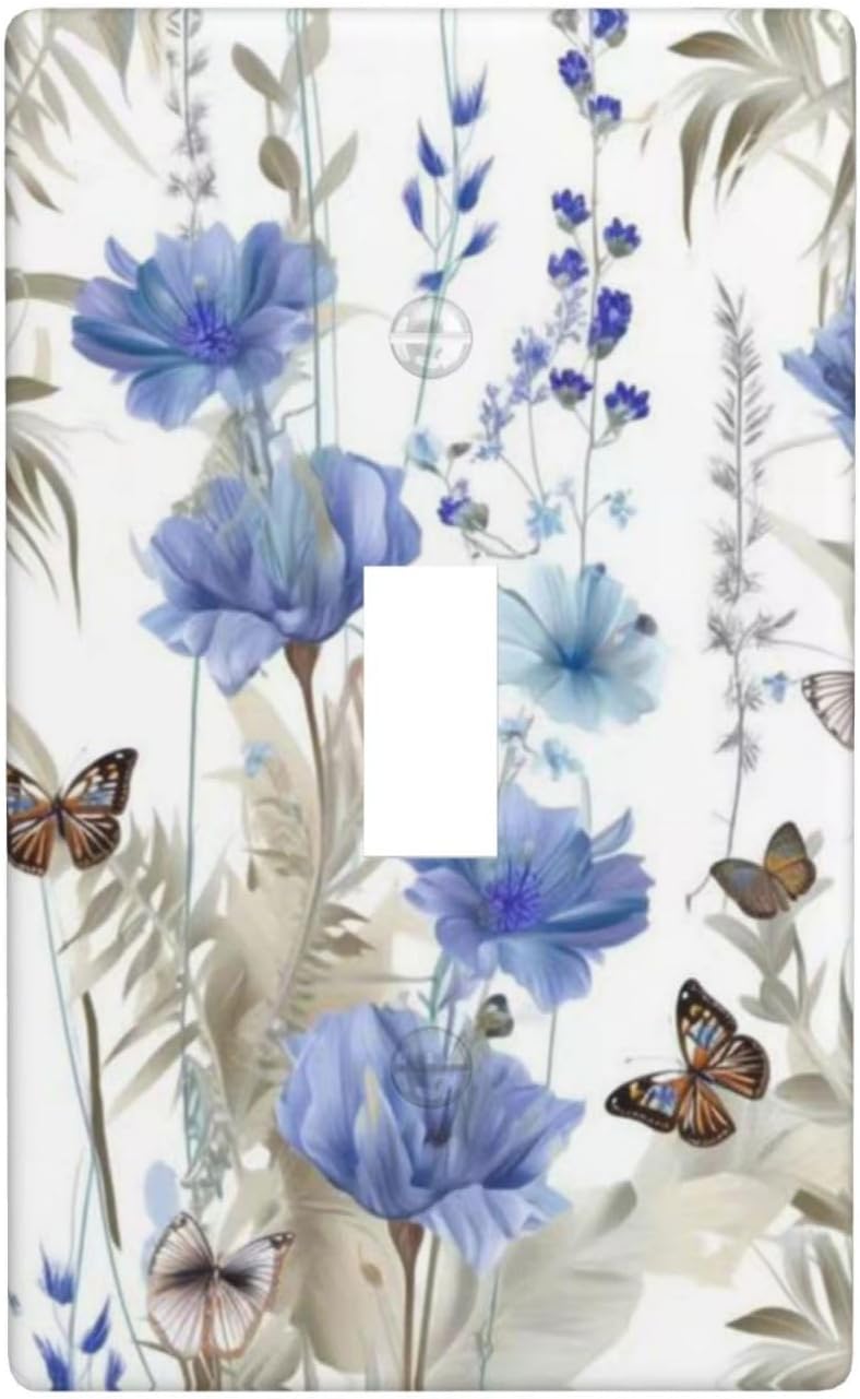 Placa decorativa interruptor con flores azules y mariposas