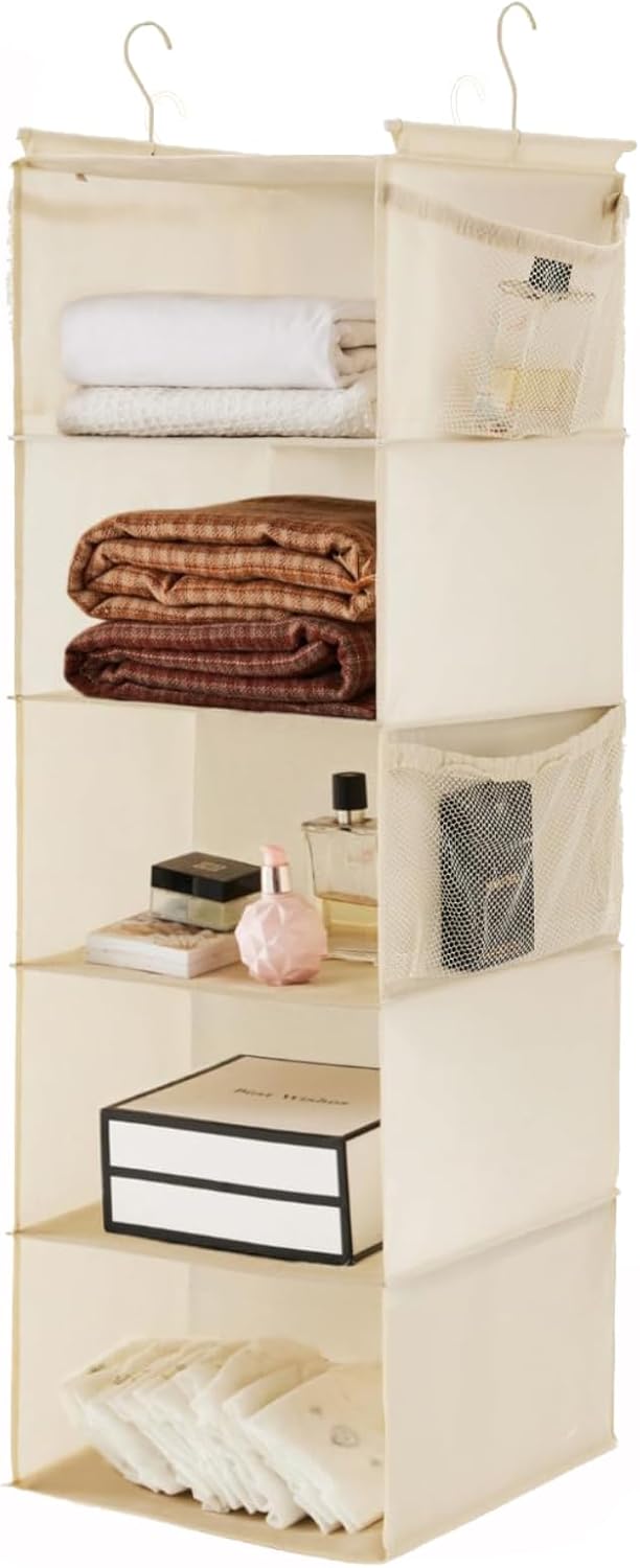 Organiz. colgante armario 5 estantes tela 4 bolsillos beige