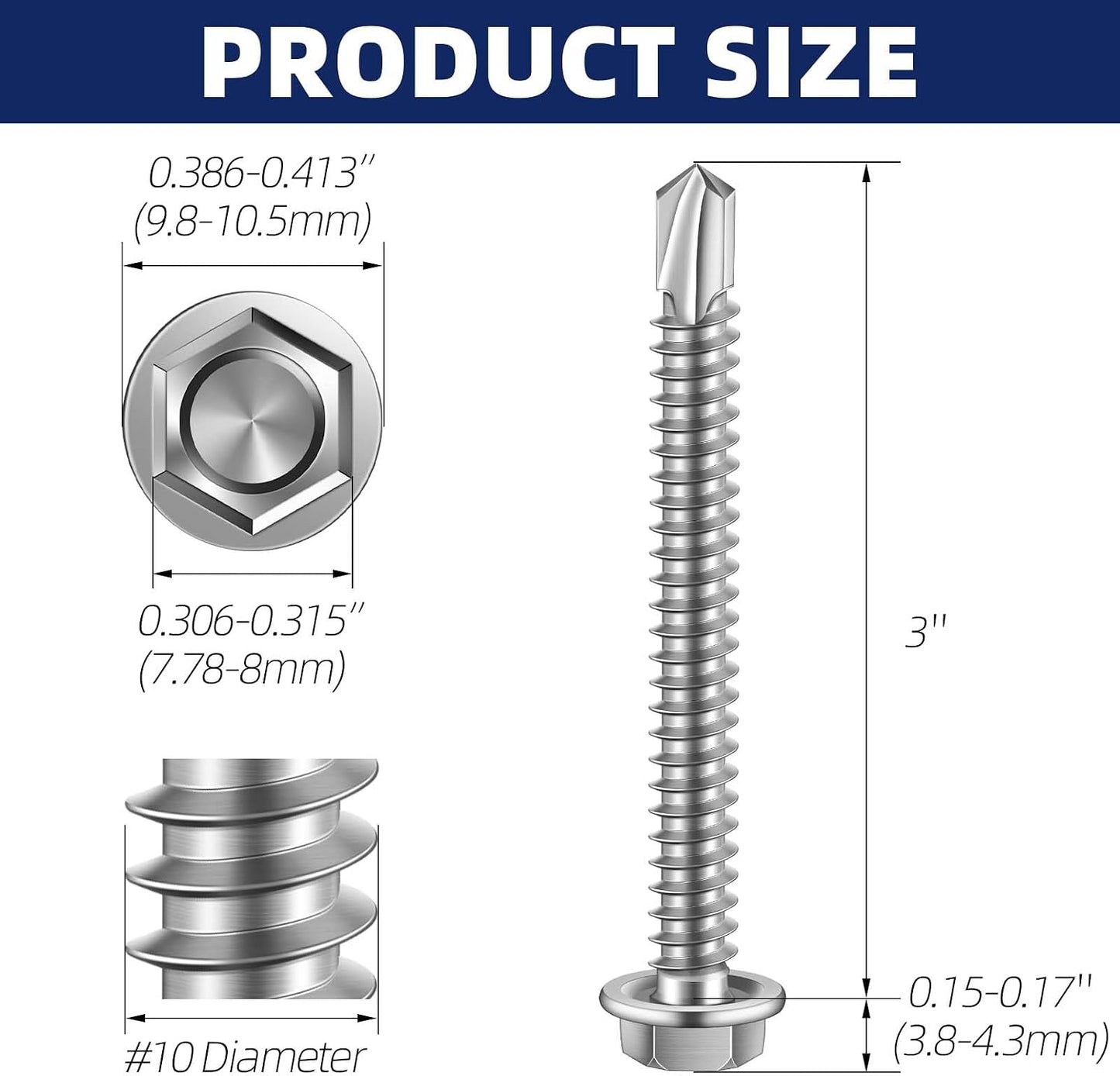 Tornillos chapa autoperforantes #10 x 3 acero inox 410 50uds
