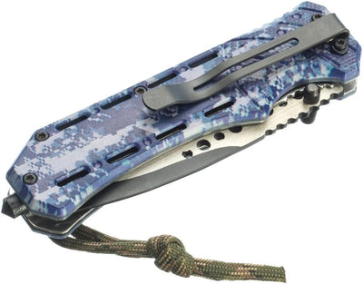 Cuchillo plegable camuflaje azul drop point cuerda nailon