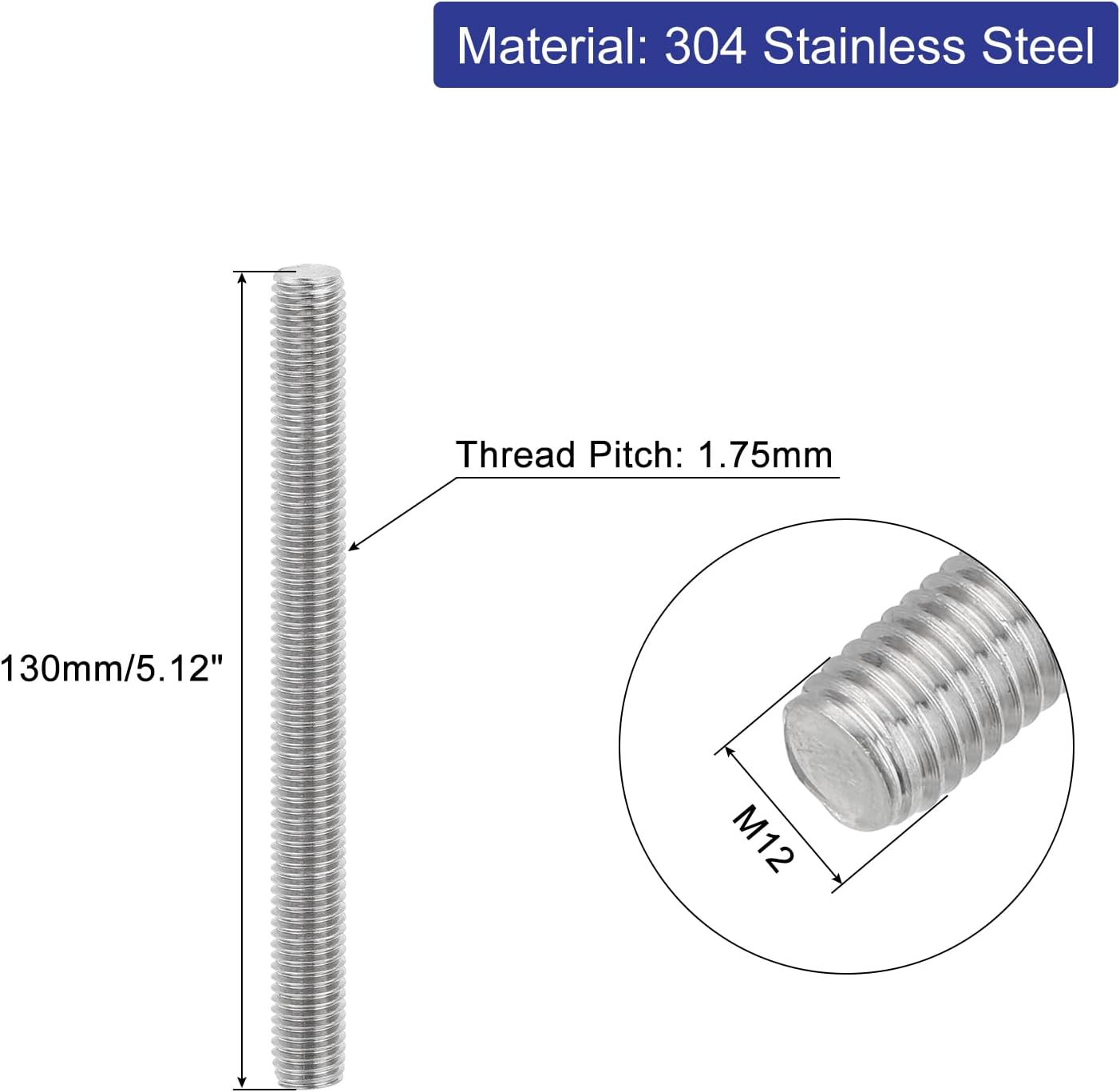 Varilla roscada M12 acero inox 5.118" paso 1.75