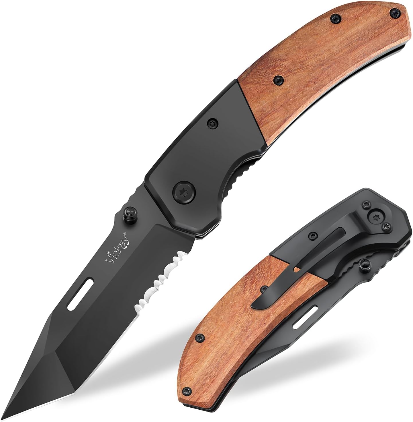 Cuchillo plegable edc acero dentado negro 3.54pulg mango madera