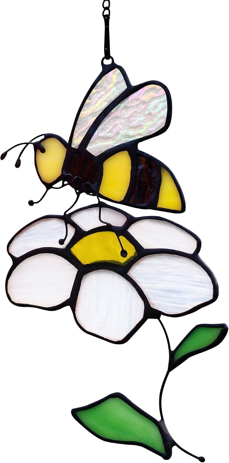 Atrapasoles de abeja con flores vidrio emplomado decoración