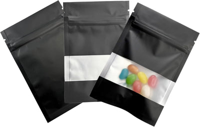 100 Bolsas Mylar Aluminio Negro 2.8x3.9" Con Ventana