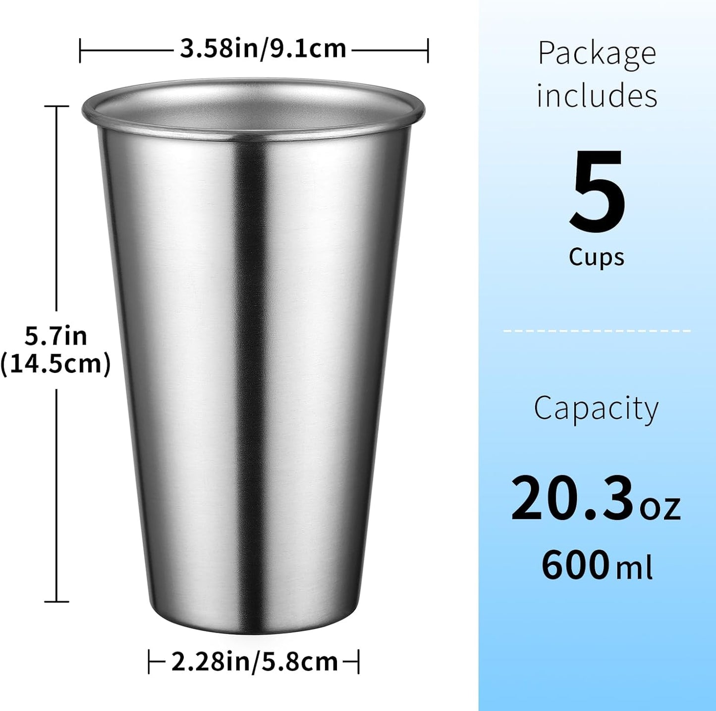 5 Pzas Vasos Acero Inox 600ml Tumbler Apilables Reutilizables