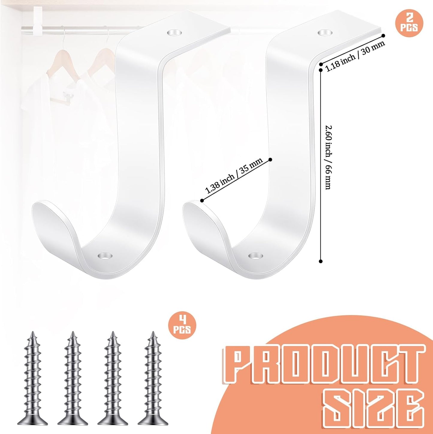 2 Soportes Barra Armario Metal Resistente 1.38" Blanco