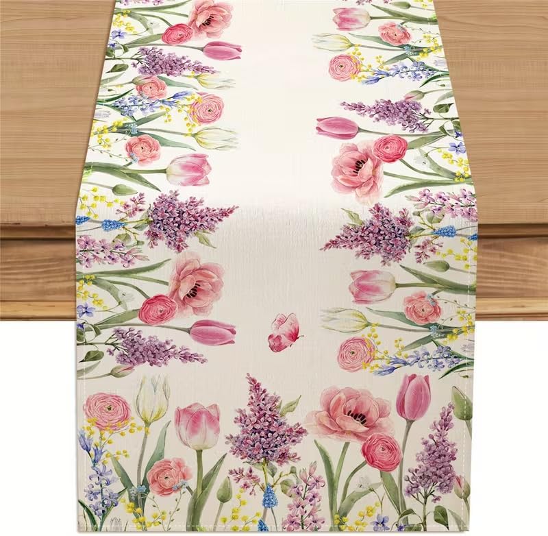 Camino mesa primavera tulipán rosa lavanda mariposa 13x72pulg