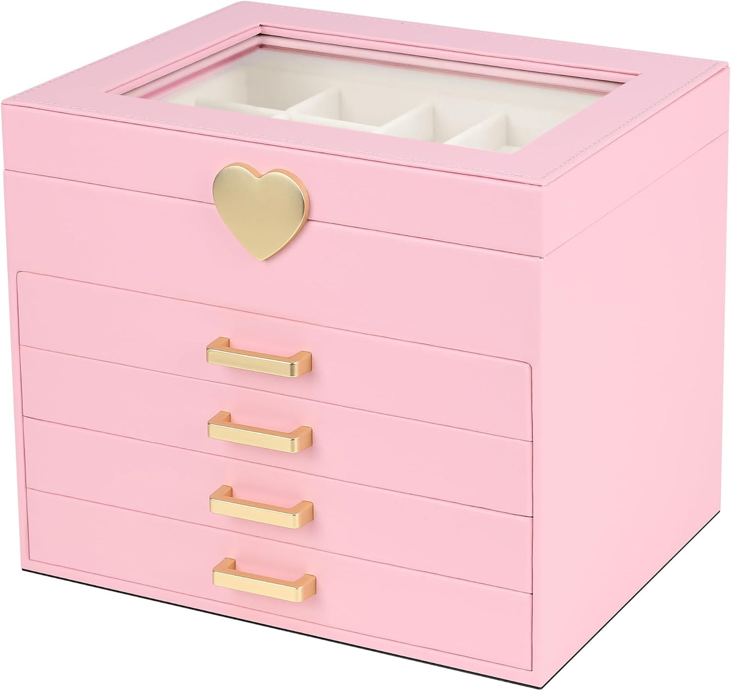 Caja joyas 5 capas piel sintética corazón con tapa vidrio