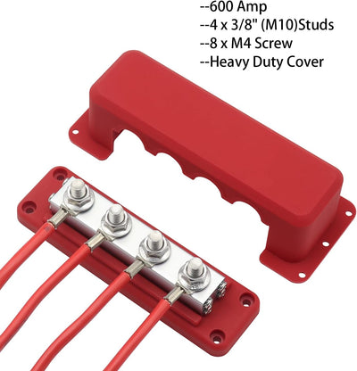 Barra colectora cobre 600A 4 terminales 3/8" 12V 24V
