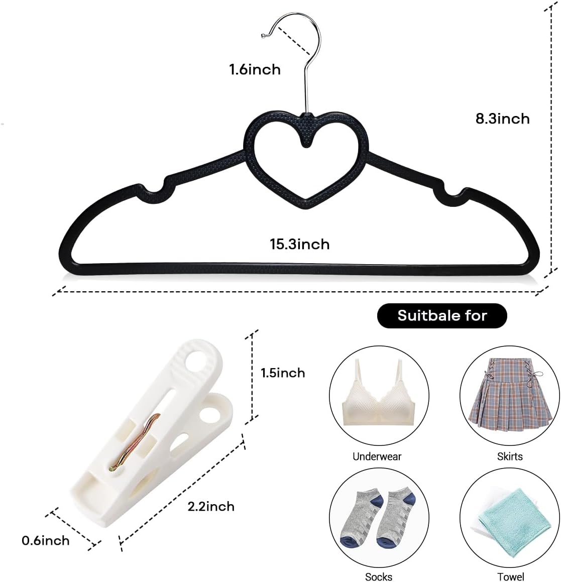 30 Perchas Plástico Corazón Negras Delgadas 360 Grados