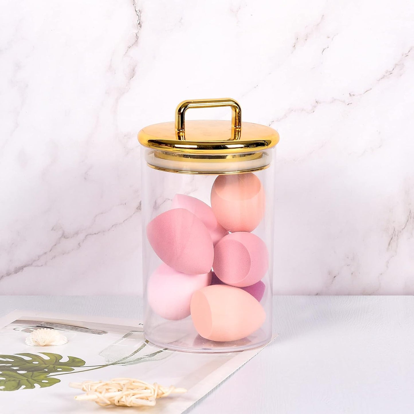 Tarro acrílico 24oz con tapa dorada para baño y conchas