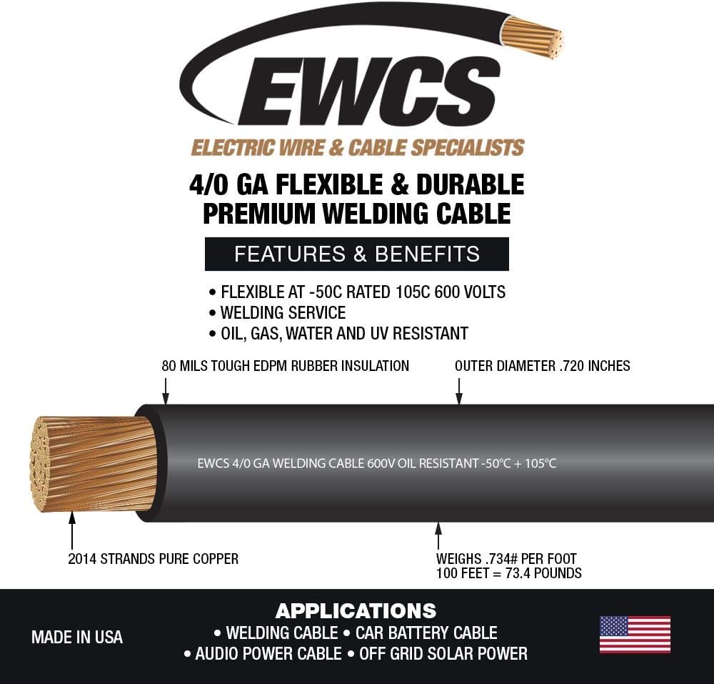 Cable soldadura flexible 4/0 cobre 600V color negro