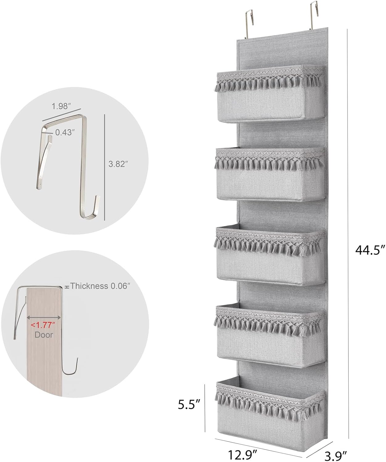 Organiz. bohemio para puerta con borlas 5 bolsillos gris