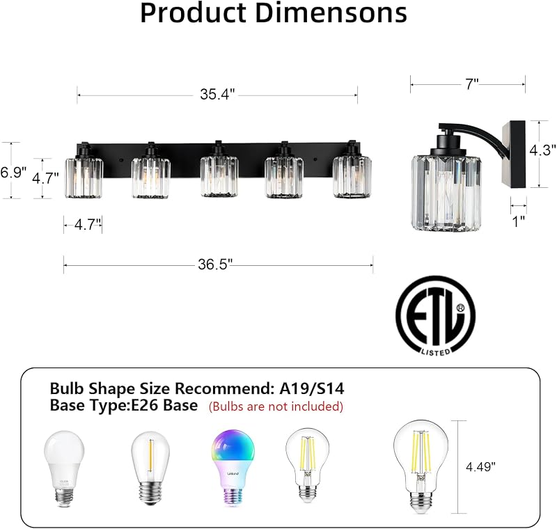 5 Luces Cristal Lámpara Baño Negro sobre Espejo E26