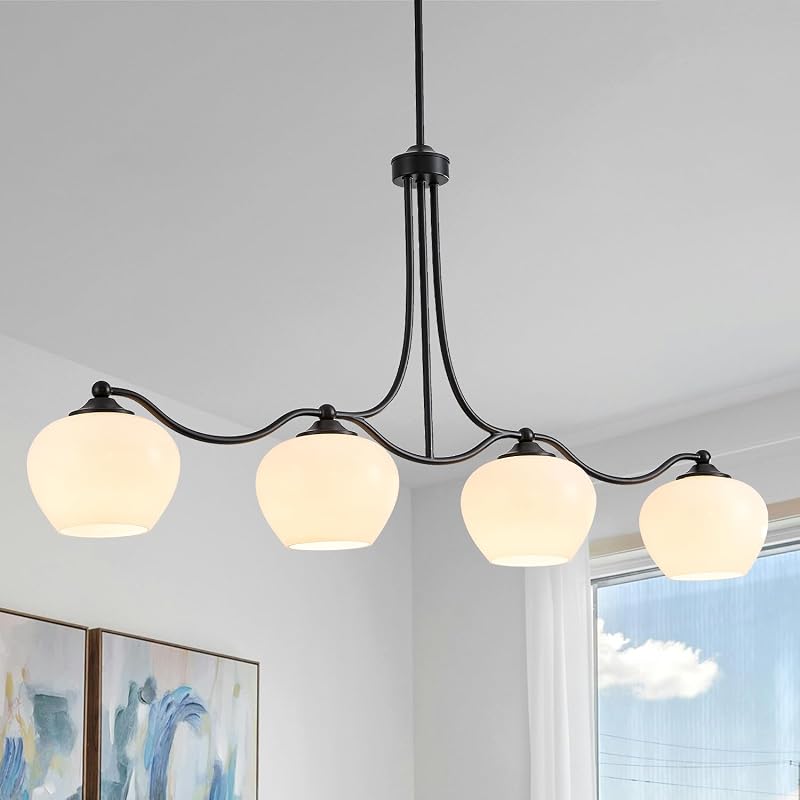 4 Luces Isla Cocina Negro Mate Vidrio Opal Colgante