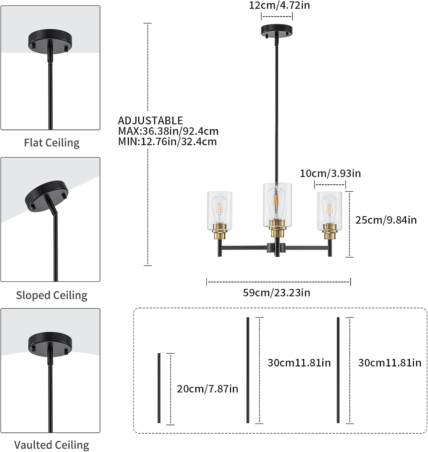 Candelabro negro 3 luces vidrio comedor pasillo estilo